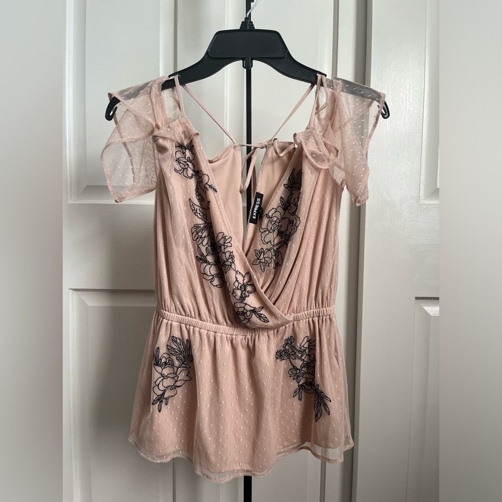 Express Light Pink Cold-Shoulder Blouse with Black Floral Design